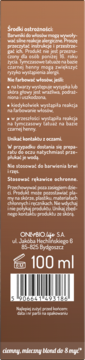 Tył opakowania tonera OnlyBio Hair in Balance mleczny blond, 100 ml, z ostrzeżeniami i kodem kreskowym.
