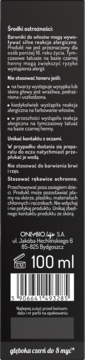Tył ciemnego opakowania tonera OnlyBio Hair in Balance 100 ml, z białym tekstem "głęboka czerń do 8 myć".