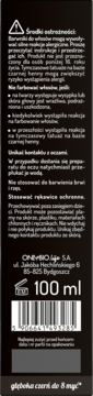 Tył tonera OnlyBio Hair in Balance 100 ml, czarna etykieta z białym tekstem, ostrzeżenia, kod kreskowy, odcień głęboka czerń.