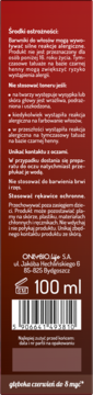 Tył czerwonego opakowania tonera OnlyBio Cherry Pie 100 ml, z ostrzeżeniami i tekstem "głęboka czerwień do 8 myć".