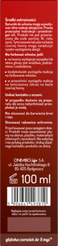 Tył czerwonego opakowania OnlyBio Cherry Pie tonera do włosów 100ml. Białe napisy ostrzegawcze, kod kreskowy i wzornik koloru głęboka czerwień.