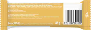 Tył opakowania produktu Foodwell, żółte tło, widoczne informacje o składnikach, kod kreskowy i masa 45g.
