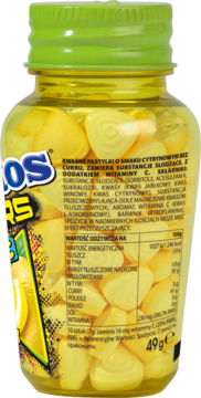 Tył przezroczystego opakowania Mentos Sours cytrynowych pastylek bez cukru, widoczna etykieta z wartościami odżywczymi.