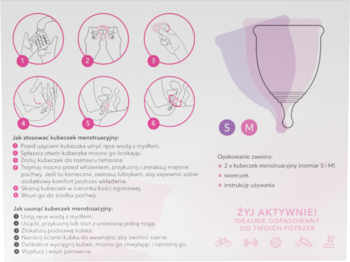 Infografika Pink: kubeczki menstruacyjne (S, M), ilustracje użycia i opis po polsku. Biało-różowe tło.
