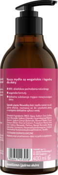 Tył brązowej butelki wegańskiego mydła do rąk Onlybio Sakura 400 ml, z różową etykietą i kodem.