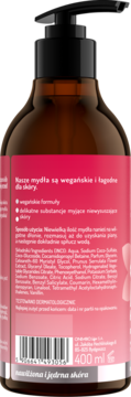 Tył brązowej butelki Onlybio Sakura, wegańskie mydło do rąk, widoczna lista składników, 400 ml.