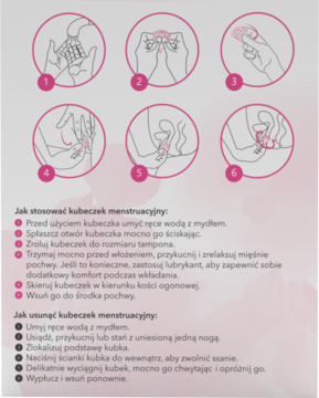 Instrukcja użycia kubeczka menstruacyjnego Pink, z 6 ilustrowanymi krokami aplikacji i usuwania.