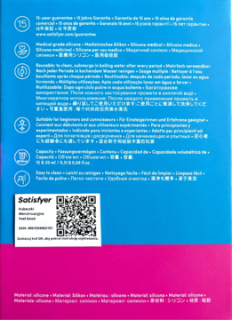 Tył niebieskiego opakowania kubeczków menstruacyjnych Satisfyer Feel Good 15 i 20 ml, z białym tekstem i QR kodem.