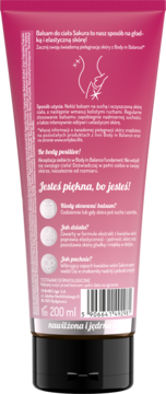 Tył różowej tubki balsamu OnlyBio Sakura 200 ml dla gładkiej i elastycznej skóry, z czarną nakrętką i białym tekstem.