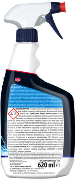 Tył białej butelki płynu do mycia i dezynfekcji 620ml w sprayu, z niebieską etykietą i symbolami ostrzegawczymi.