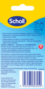 Tył opakowania pilnika Scholl Nano Glass do stóp. Żółto-niebieskie tło, białe napisy i kod kreskowy.