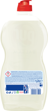 Tylny widok butelki Pur Balsam płynu do naczyń, kremowa butelka z czerwoną zakrętką, widoczne etykiety i pojemność 1.2LE.