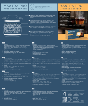 Plakat Brita Maxtra Pro: diagram 4-etapowej filtracji i opakowania filtrów Pure Performance i Limescale Expert.