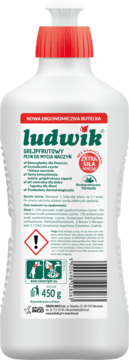 Tył białej, ergonomicznej butelki płynu Ludwik grejpfrutowego 450g, z czerwonym dozownikiem i kodem kreskowym.