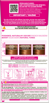 Tył farby L'Oréal Casting Crème Gloss 634, instrukcje aplikacji, trwałość do 32 myć i QR kod.