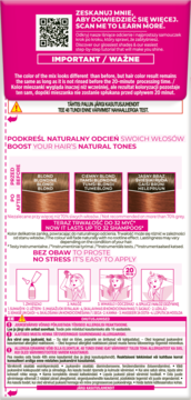 Tył opakowania farby L'Oréal Casting Crème Gloss 645 Bursztyn z instrukcjami, QR kodem i efektami koloryzacji.