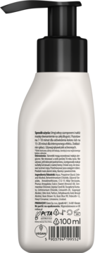 Tył białej butelki tonera Neboa beżowy blond z czarną pompką. Widoczne instrukcje, skład, 100ml i certyfikat wegański.