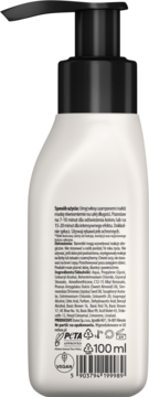 Tył białej butelki maski do włosów Neboa, z czarną pompką, widoczne składniki i instrukcje, 100 ml.