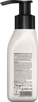Tył białej butelki maski koloryzującej Neboa z czarną pompką, widoczne instrukcje, skład, logo vegan, 100ml.