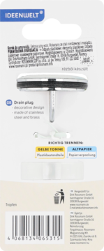 Tył opakowania dekoracyjnego korka do umywalki Ideenwelt, wykonanego ze stali nierdzewnej i mosiądzu, z kodem EAN.
