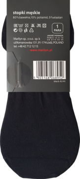 Tył opakowania czarnych męskich stopek Marilyn. Widoczny skład: 80% bawełny, rozmiar 42-45 i kod kreskowy.