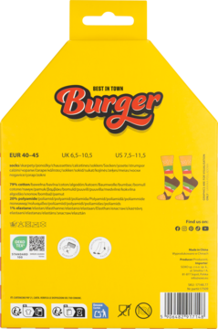 Tył żółtego opakowania skarpetek Burger. Widoczne rozmiary, skład materiału i ilustracje burgerowych skarpet.