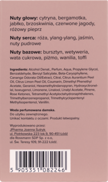 Tył jasnoróżowego opakowania damskiej wody perfumowanej, z listą nut zapachowych i pełnym składem INCI.