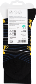 Tył czarnych skarpetek męskich Soxo "Jesteś Numer 1" z metką, składem 80% bawełny i kodem kreskowym.