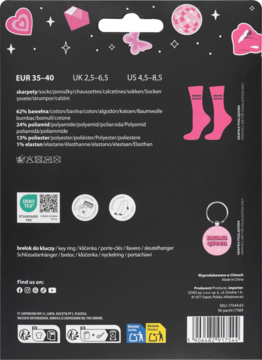 Tył czarnego opakowania zestawu Soxo z różowymi skarpetkami i brelokiem Drama Queen, opis składu i rozmiarów.