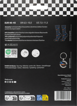 Tył czarnego opakowania zestawu prezentowego Soxo: granatowe skarpetki męskie w auta, brelok 'Mistrz kierownicy'.