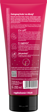 Tył różowej tubki Onlybio Hair Balance Kolor odżywki do włosów. Opisy kwasowej formuły dla ochrony koloru, blasku i egzotycznego zapachu.