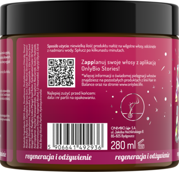 Zbliżenie na tył różowej maski Onlybio Hair Balance 280 ml, regeneracja i odżywienie, z kodem QR.