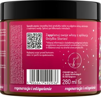 Tył maski Onlybio Hair Balance Kolor w brązowym słoiku, różowa etykieta z napisem regeneracja i odżywienie, 280ml.