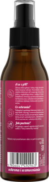 Tył brązowej butelki sprayu termoochronnego Onlybio 150ml. Różowa etykieta z opisem, kodem kreskowym, 'ochrona i wzmocnienie'.