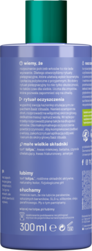 Tył fioletowego szamponu chelatującego Tołpa 300 ml z białym tekstem o rytuale oczyszczania.