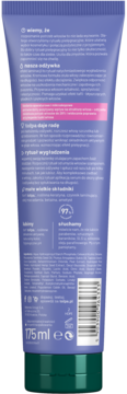Tył fioletowej tubki Tołpa Hair Routine odżywki wygładzającej 175 ml z roślinną keratyną i opisem produktu.