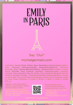 Tył opakowania wody perfumowanej Emily in Paris Michel Germain. Różowe tło z wieżą Eiffla, lista składników i QR.