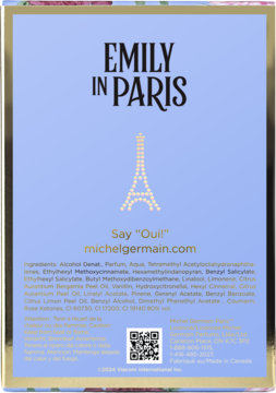 Tył niebieskiego opakowania damskiej wody perfumowanej Emily in Paris Michel Germain, z listą składników i kodem kreskowym.