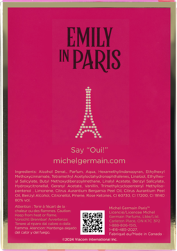 Tył opakowania damskich perfum Emily in Paris Heartfelt, fuksja, lista składników, błyszcząca Wieża Eiffla.