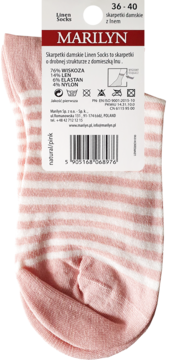 Widok z przodu różowych skarpetek Marilyn Linen Socks w białe paski, z wiskozy i lnu, rozmiar 36-40.