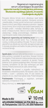 Tył białego opakowania Regenerum utwardzającego serum do paznokci 10ml, z opisem użycia i składników. Produkt wegański.