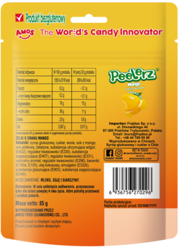Tył pomarańczowego opakowania żelek Peelerz Mango, z tabelą wartości odżywczych i kodem kreskowym.