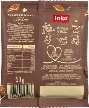 Brunatna saszetka Inka Owsiana przekąska muesli z serduszkami czekoladowymi. Widok przód i tył. Zawiera beta-glukany.