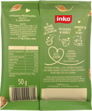 Inka Owsiana Przekąska Musli z jabłkami, zielone opakowanie 50g. Info o beta-glukanach i cholesterolu. Widok przód/tył.