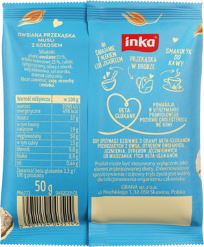 Granatowe opakowanie Inka Owsiana Przekąska Musli z Kokosem, widok z tyłu, z tabelą odżywczą, ikonami i kodem kreskowym.