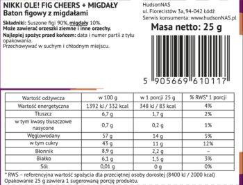 Tył biało-fioletowego opakowania batonu figowego z migdałami Nikki Ole! Fig Cheers z tabelą wartości odżywczych i kodem kreskowym.