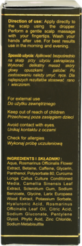 Tył czarnego opakowania serum na porost włosów Sattva, z widocznymi instrukcjami użycia i pełną listą składników.