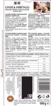 Tył opakowania czekolady Lindt Excellence Dark Caramelized Pistachio and Sea Salt z tabelą wartości odżywczych i składem.