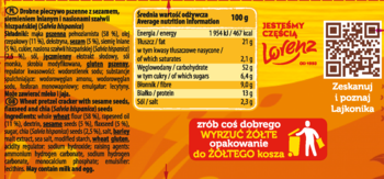 Tył opakowania krakersów Lajkonik Dobry Chrup z sezamem. Centralnie widoczna tabela wartości odżywczych.