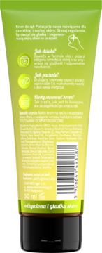 Tylna strona zielonej tubki OnlyBio Krem do rąk Pistacja 50 ml, z polskim opisem składu i barkodem EAN.